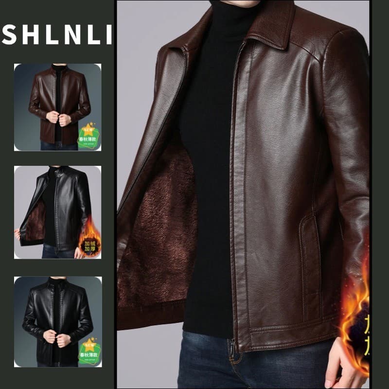 Casaco Masculino De Couro PU Grosso De Inverno Americano Cor Sólida Com Zíper Jaqueta Quente Para Motocicleta