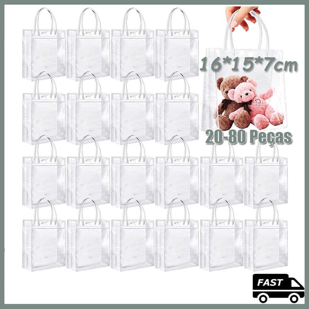 Saco de presente transparente de 20-80 peças com alça, saco de presente de plástico, saco de presente transparente para 