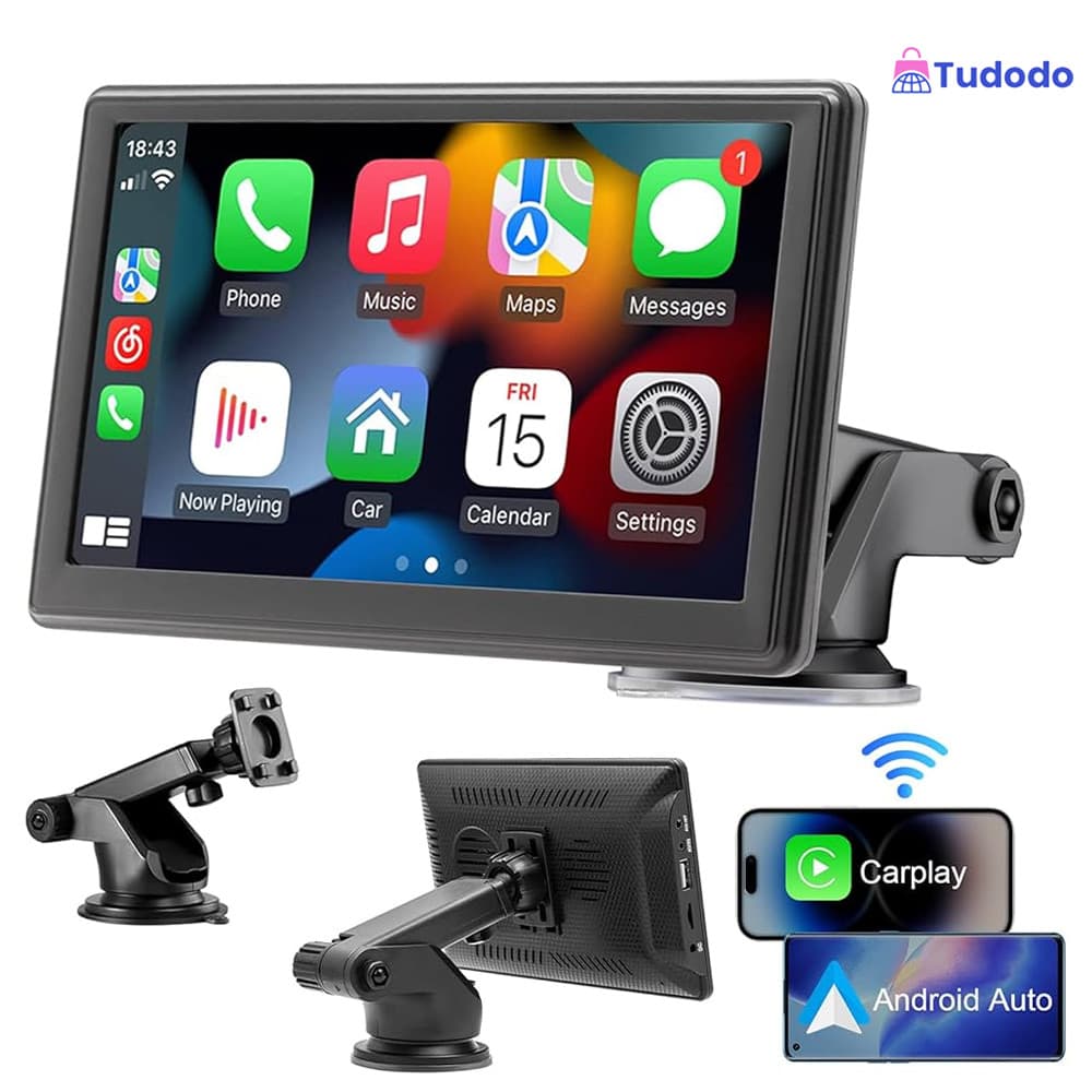 Rádio Carro Portátil 7" - FHD IPS Tela Touch,Compatível com Android Auto/CarPlay,Espelho Link, Bluetooth&FM para Carro
