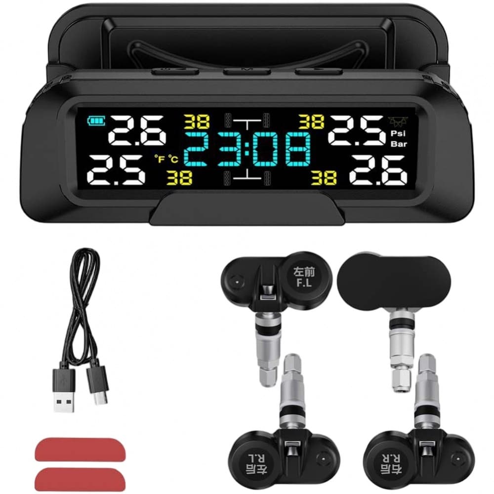 TPMS Sem Fio Com Display LCD Solar USB Carregando Temperatura Da Pressão Dos Pneus