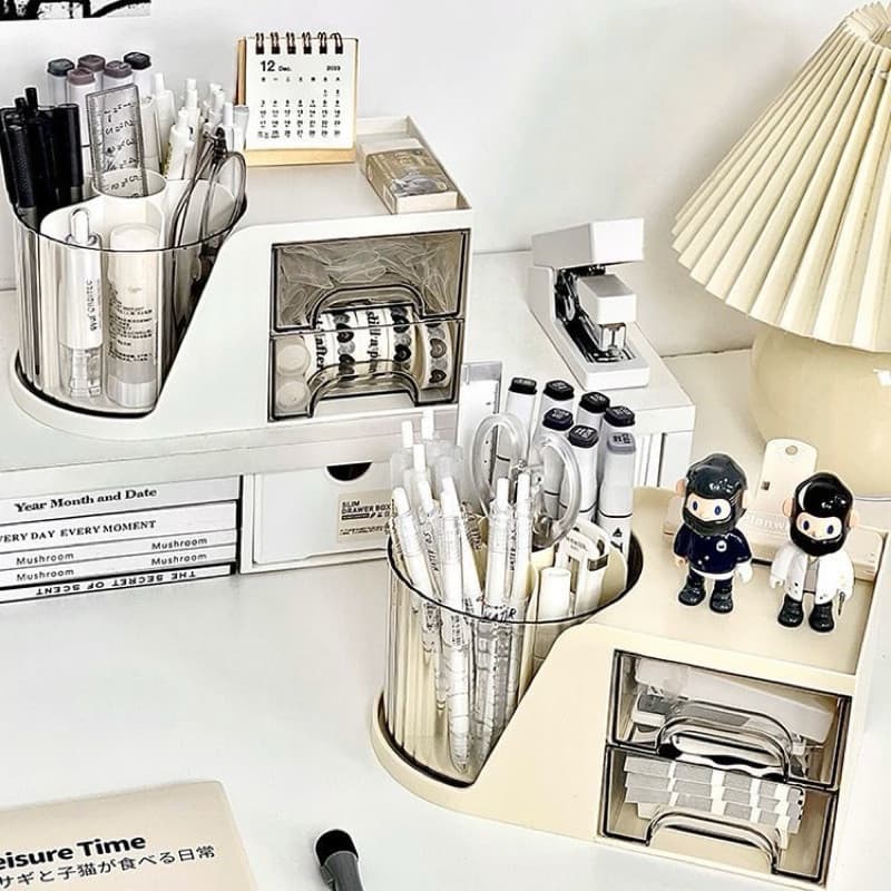 Porta Caneta Giratório com 2 Gavetas - Organizador de Mesa Prático