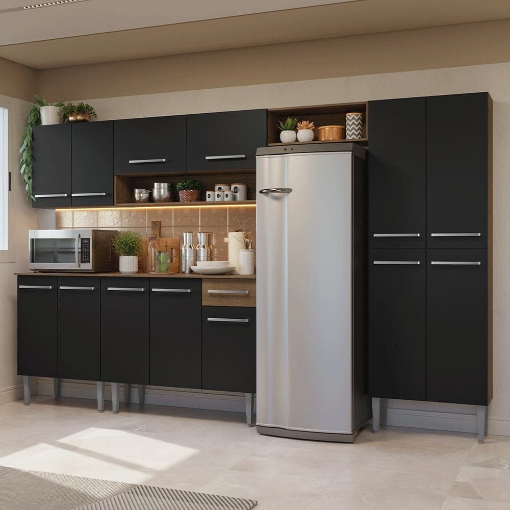 Armário de Cozinha Completa 293cm Rustic/Preto Emilly Madesa 011
