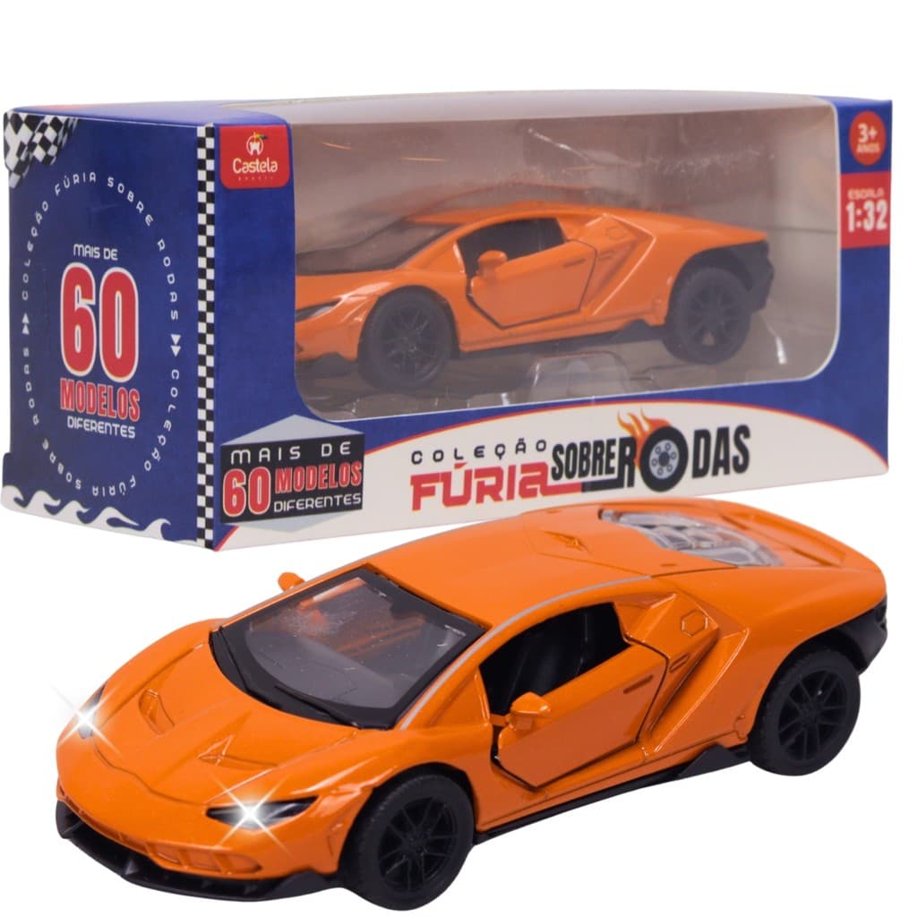 Carrinho Miniatura Laranja Pull Back 1:32 C/ Som e Luz - Castela
