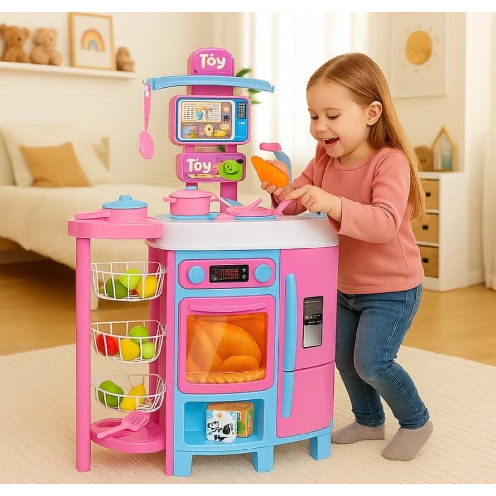 Cozinha grande completa Infantil Toy Chef Com Bancada Panelas e Frutas Faz de Conta Samba Toys
