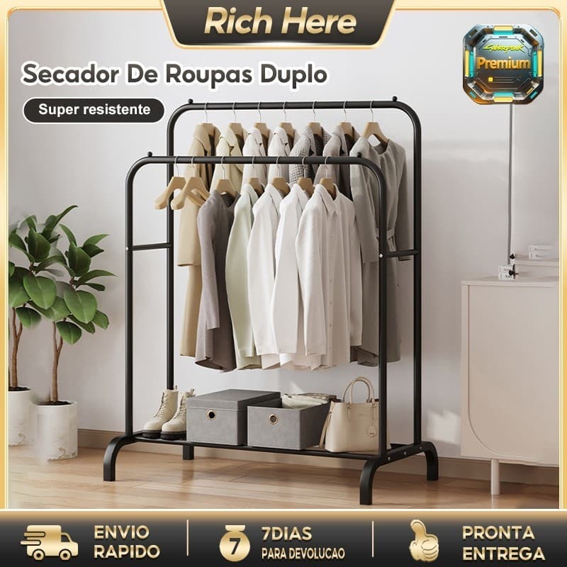 Cabideiro arara de Chão com Sapateira - Rack Organizador Portátil e Regulável para Roupas e Calçados