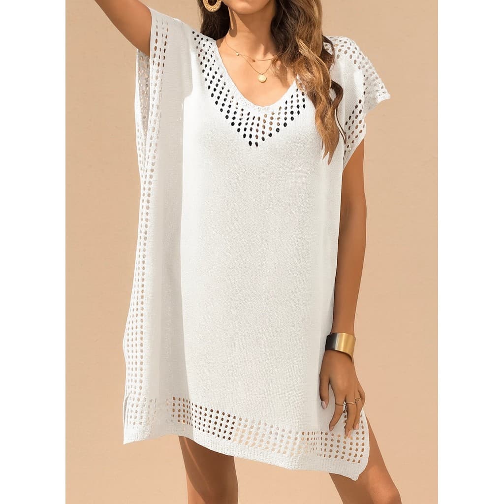 Saída de Praia Vestido Tricot Crochê Fenda Lateral Tamanho Grande- Perfeita Sobre seu BIQUINI