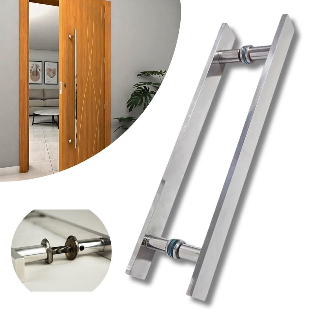 Puxador Duplo Inox p/ Porta De Madeira/vidro e Metalon Alumínio Maciço Pivotante Fácil Instalação