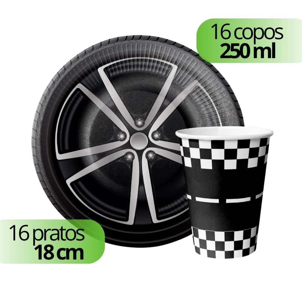 Kit Prato e Copo 8/16 Descartável Carros Roda Pista Festa Aniversário