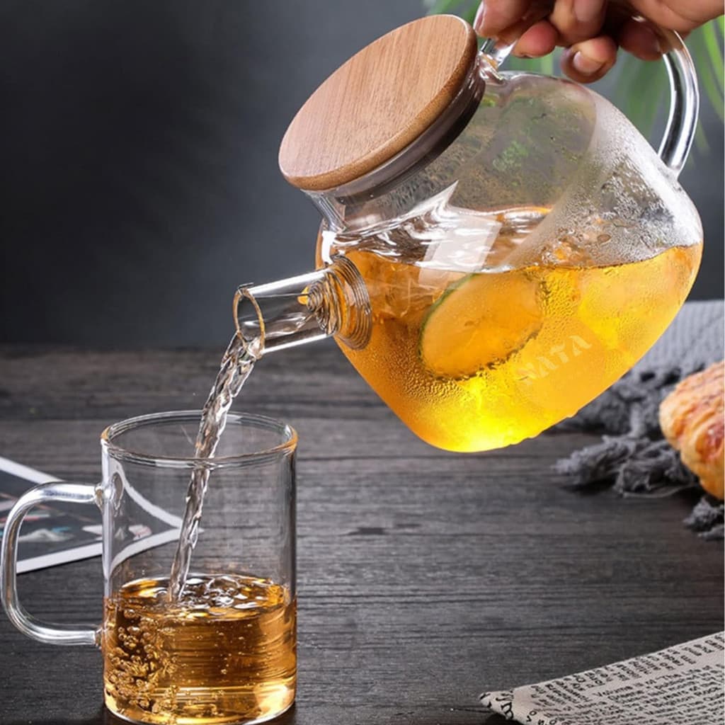 Chaleira de Vidro 1 Litro Tampa de Bambu Premium Borossilicato Resistente a Calor de ir Ao Fogo Bule com Filtro