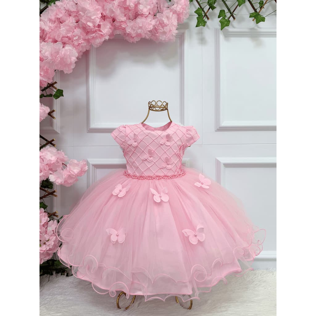 Vestido De Festa Infantil Nervura Borboletas Premium Luxo - Várias Cores - 1.2.3.4