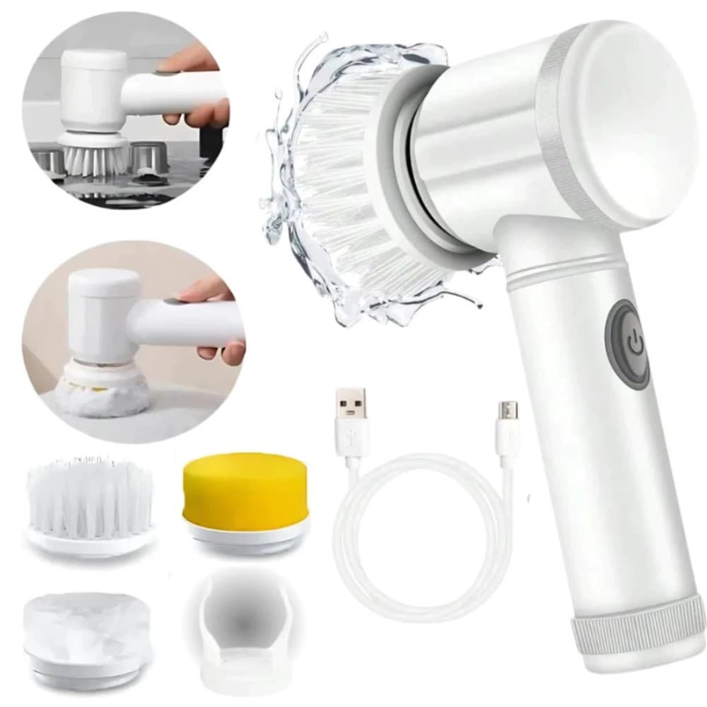 Escova Elétrica de Limpeza 5 em 1 Sem Fio USB c/ 5 Cabeças Multiuso Banheiro Cozinha