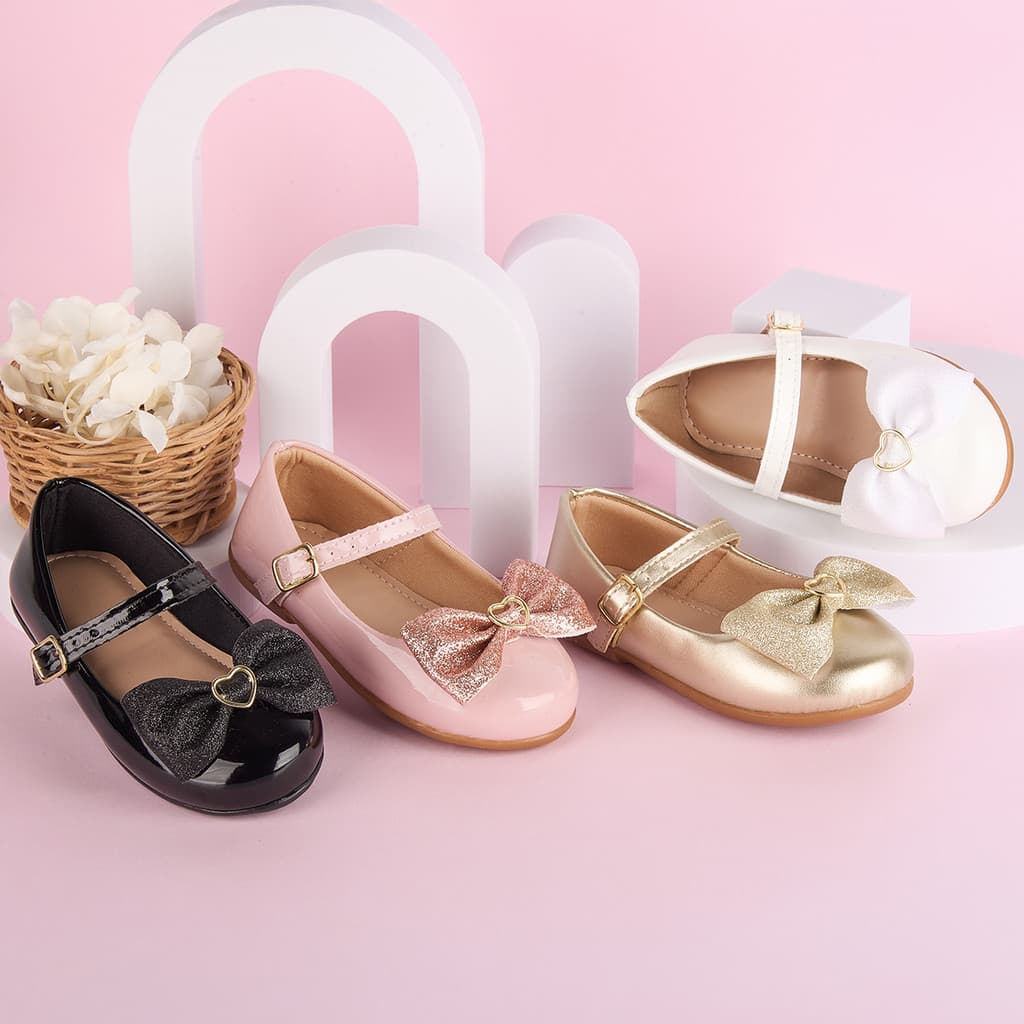Sapatilha Infantil Menina Detalhe Laço ABS Coração Festa Daminha Casamento Batizado Ocasição Especial Confortavel Luxo