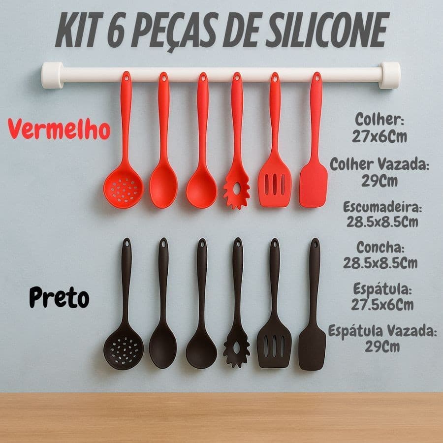 Kit 6 Peças De Silicone Espátula Concha Escumadeira Colher Vazada Para Cozinha Preto Ou Vermelho