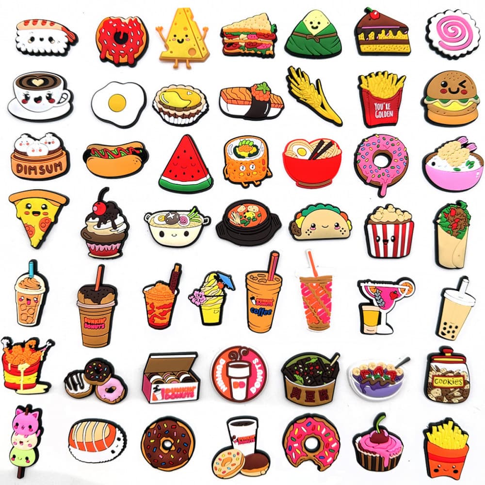 Charms de Sapatos 50 Estilos de Padrões de Comida Série Decorações Acessórios de PVC com Botão