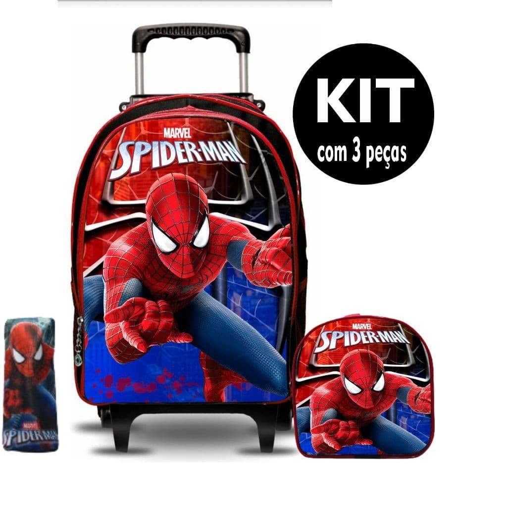 KIT mochila Do Homem aranha com lancheira e Estojo e Rodinhas de silicone