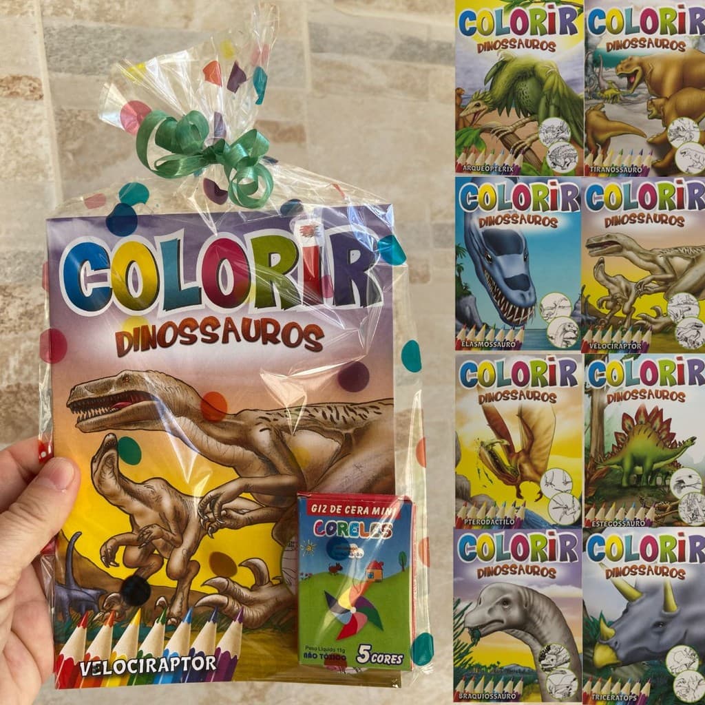 Livrinhos De Colorir Dinossauros Infantil + Cxs Mini Giz Cera C/ Saquinho P/ Lembrancinha