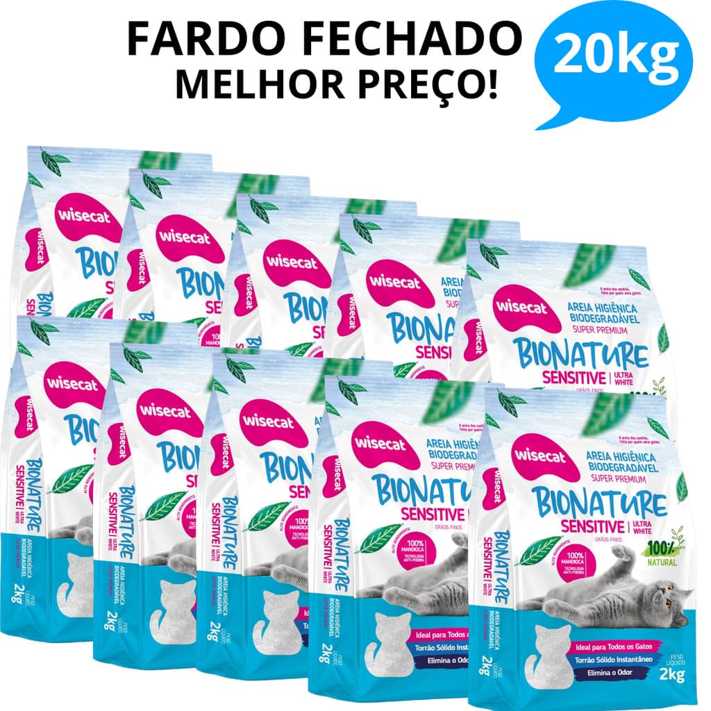 Kit 10 Areia Sanitária De Mandioca Grãos Finos Para Gatos Biodegradável Wisecat 20kg FARDO
