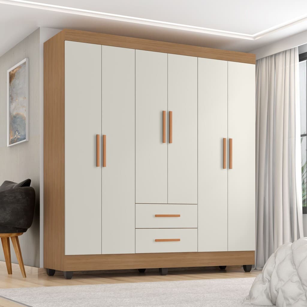 Guarda Roupa Casal 6 Portas 2 Gavetas com Pés Lite Nature/Off White
