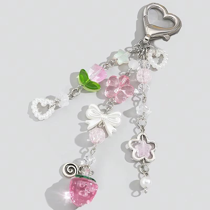Imitação De Pérola Arco Coração Pingente Saco Rosa Morango Oco Flor Tulipa Frisado Chaveiro Acessórios