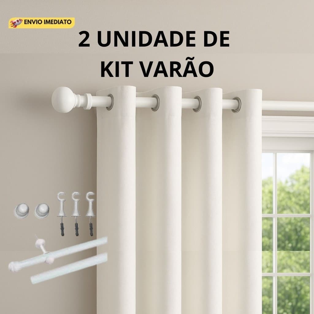 2 Kit Varao De Cortina Madeira Completo Suporte Buchas E Parafusos 2,00M 19,00mm
