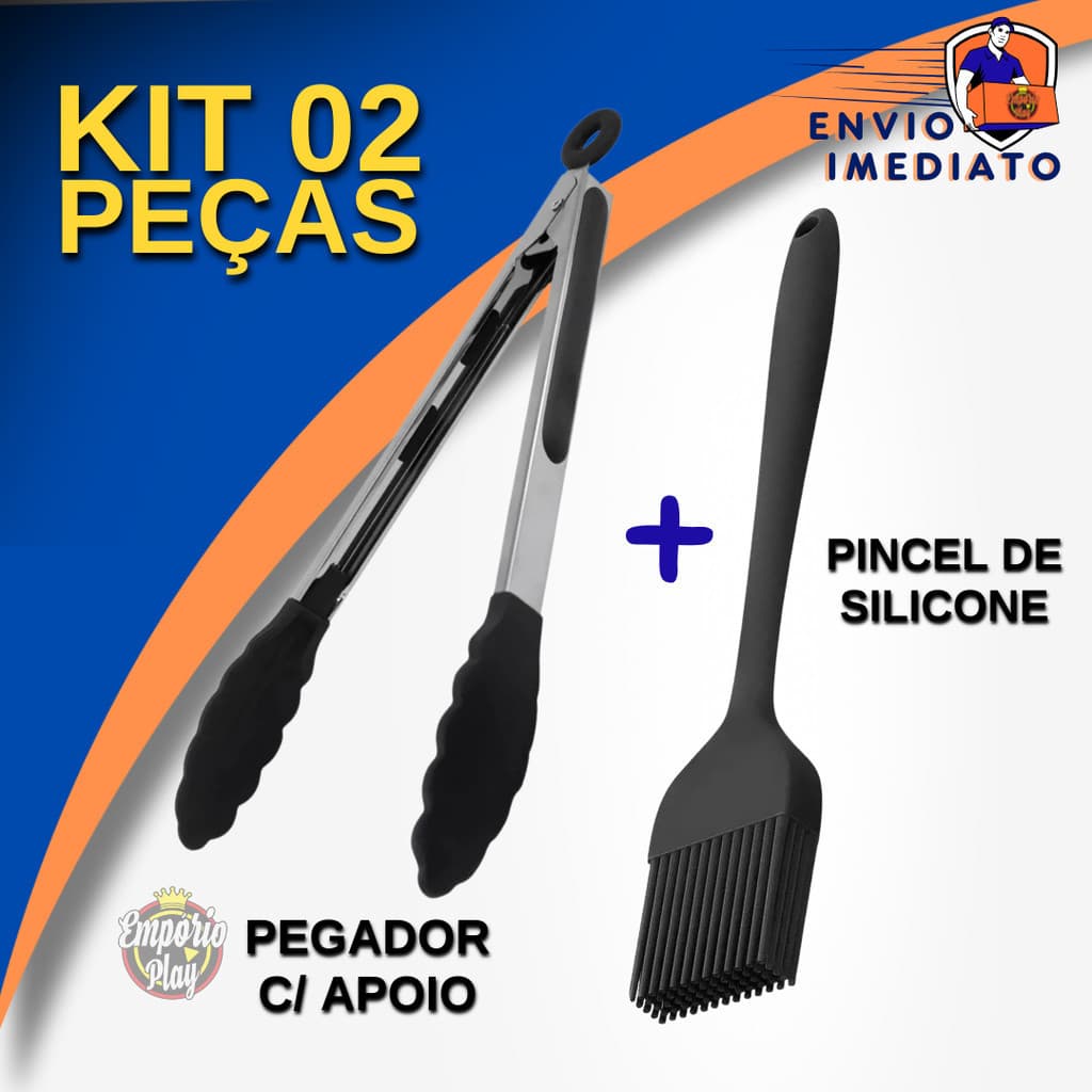 Kit 2 pçs Pincel Culinário + Pinça Pegador Silicone e Inox para Saladas  Cabo em Aço Inox para Cozinha