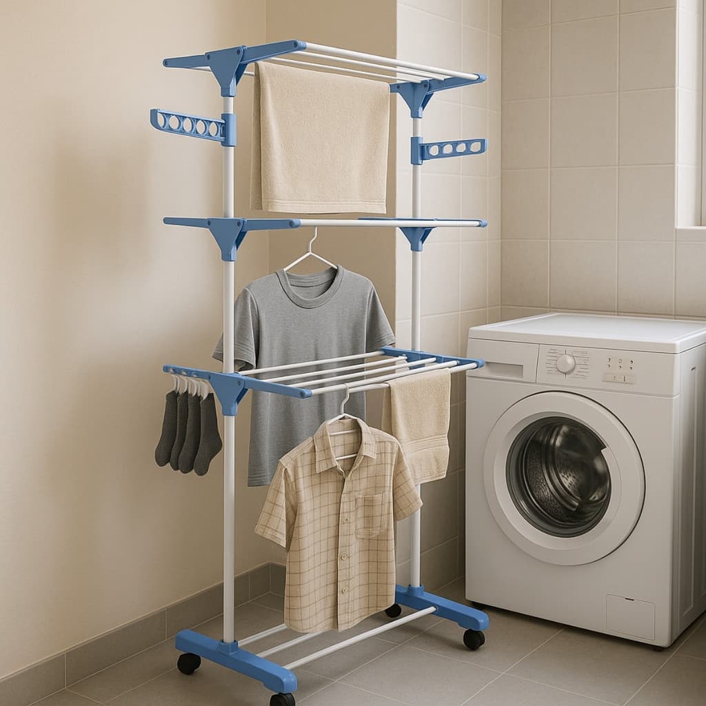 Varal de Chão Vertical com Rodinhas Dobravel Portátil Grande 3 Andares Ideal para Lugares Pequenos