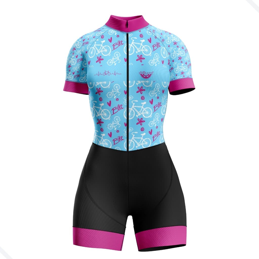 Macaquinho Ciclismo Feminino Profissional Gel Acolchoado UV Proteção MTB Speed Manga Curta Bicicletinhas Azul
