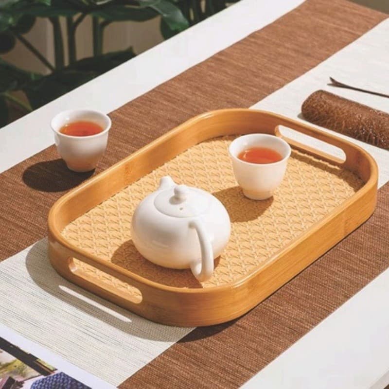 Bandeja Retangular Grande Bambu e Palhinha Com Alças 40cm Decoração Elegante