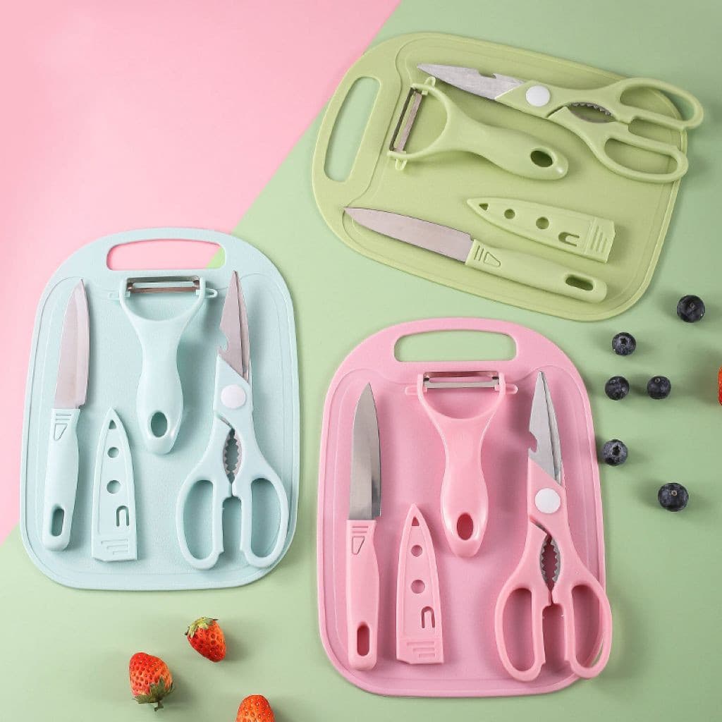 Kit de Utensílios de Cozinha 5 Peças - Faca Tesoura Descascador Tábua Culinária Inox-LC