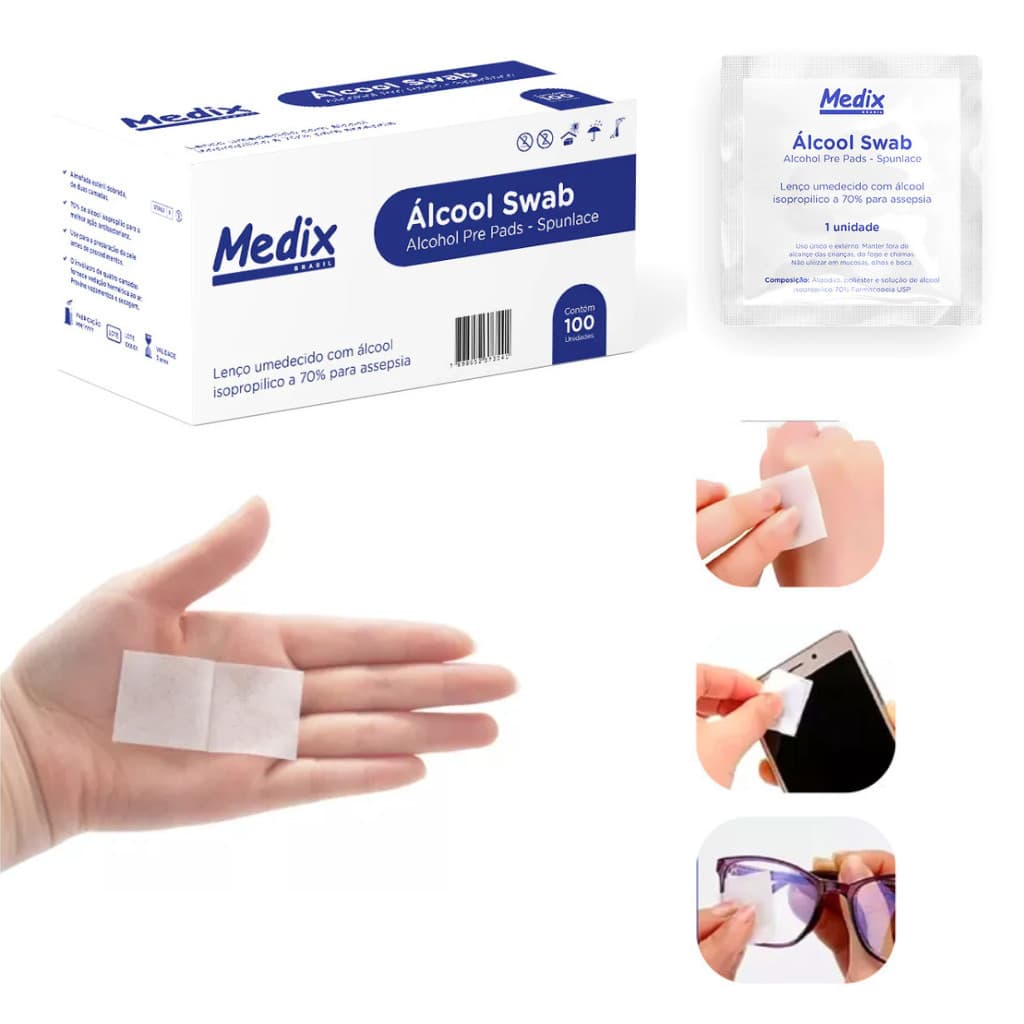 Lenços Umedecidos Saches Álcool Swab 70% Medix 100 unidades