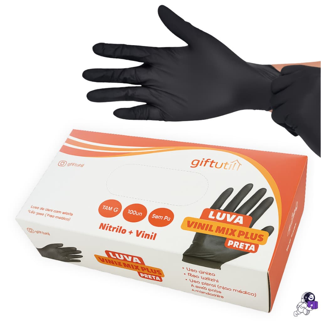 Luva Vinil Preta Nitrilo Descartável Sem Pó Resistente 100 Unidades