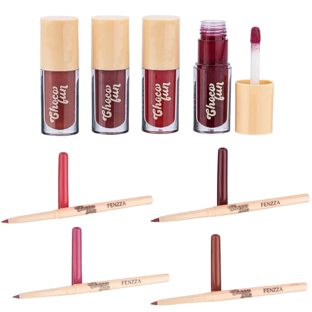 Kit Tint Cream Gloss + Lápis Contorno Labial Retrátil Choco Fun Fenzza - Fondue, Cookie, Ganache, Tiramissu, Bombom