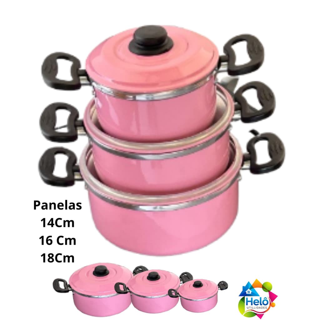 JOGO DE PANELAS KIT 3 CAÇAROLAS * ROSA * 14Cm, 16Cm, 18Cm