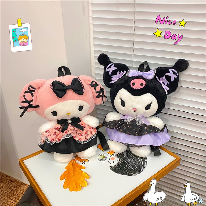 Mochila de Pelúcia Sanrio Kuromi & My Melody – Kawaii, 28cm, Feminina, Bolsa Fofa