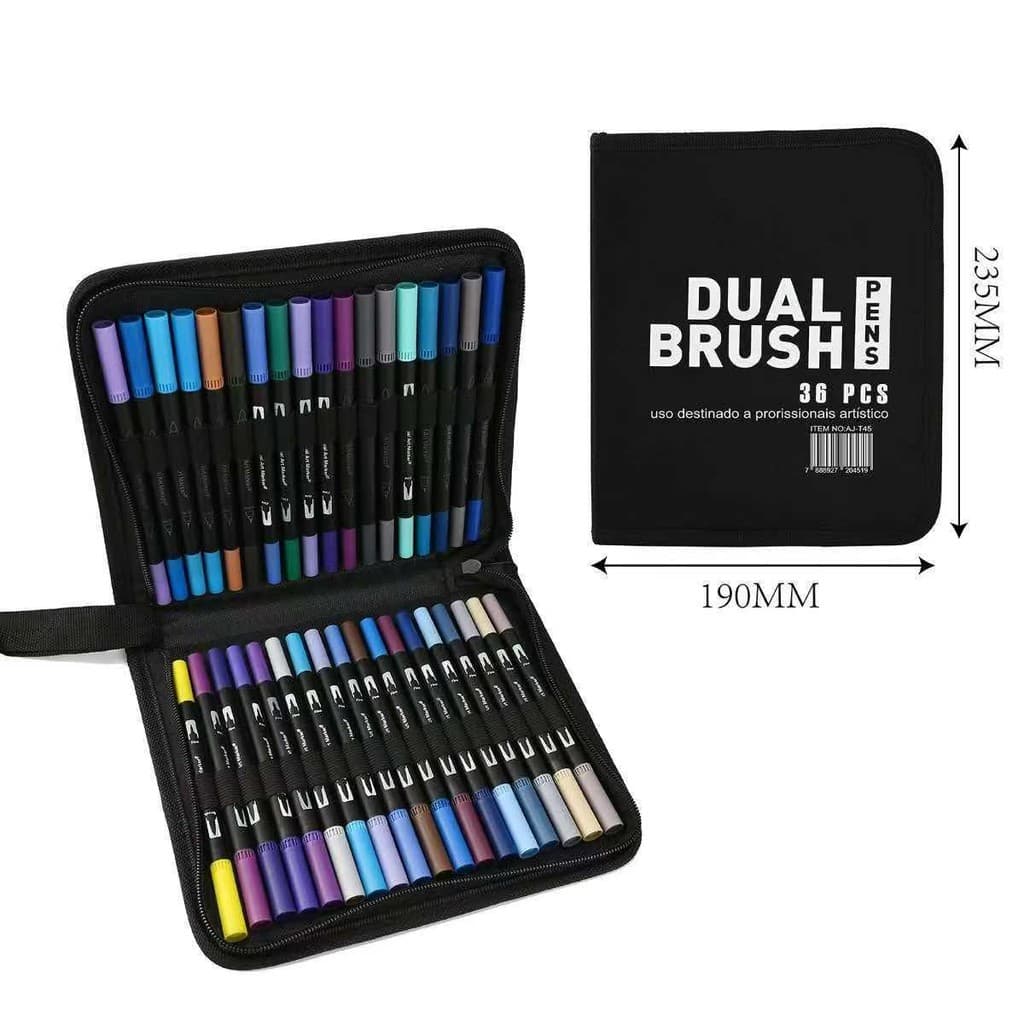 Kit 36 Cores Caneta Dual Brush Coloridas para Desenho e Lettering e Estojo de Armazenamento com Zíper