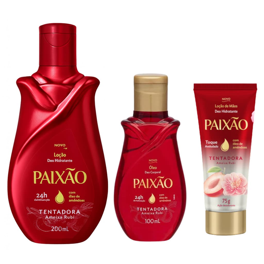Kit Paixão Tentadora Hidratante 200ml + Óleo 100ml + Creme Mãos 75g Fragrância Marcante
