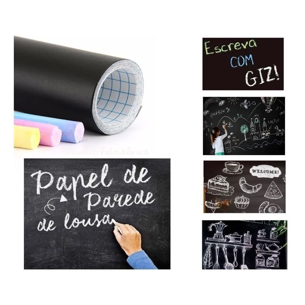 Adesivo PVC Lousa Quadro Negro 60cm x 100cm Com Giz Colorido