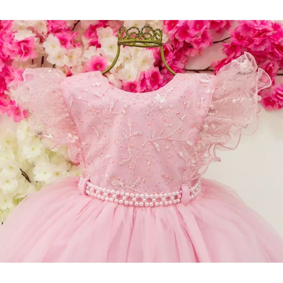 Vestido rosa flor jardim festa infantil realeza batizado