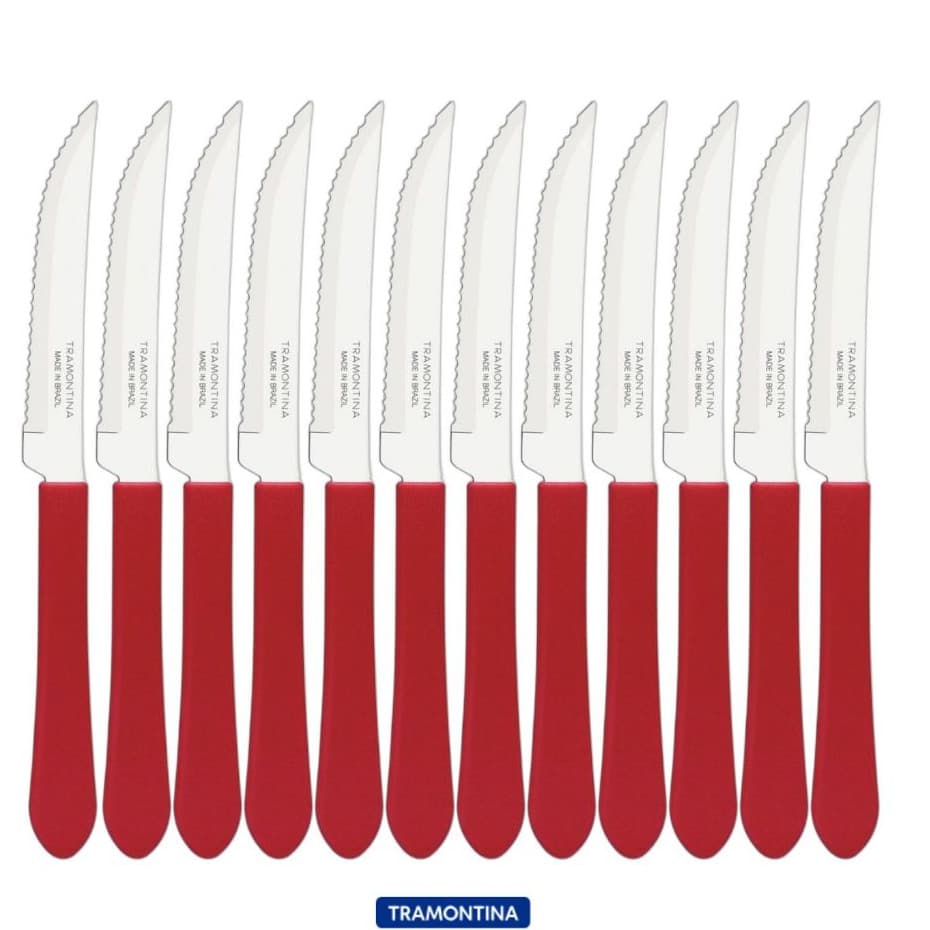 Kit 6, 9, 12 ou 24 Facas Tramontina Leme Para Churrasco Cabo Vermelho Serra