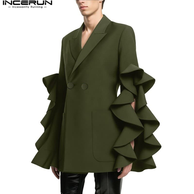 INCERUN Blazer Masculino Vintage Estilo Francês Com Gola Virada Para Baixo E Mangas Babados Botões Casual