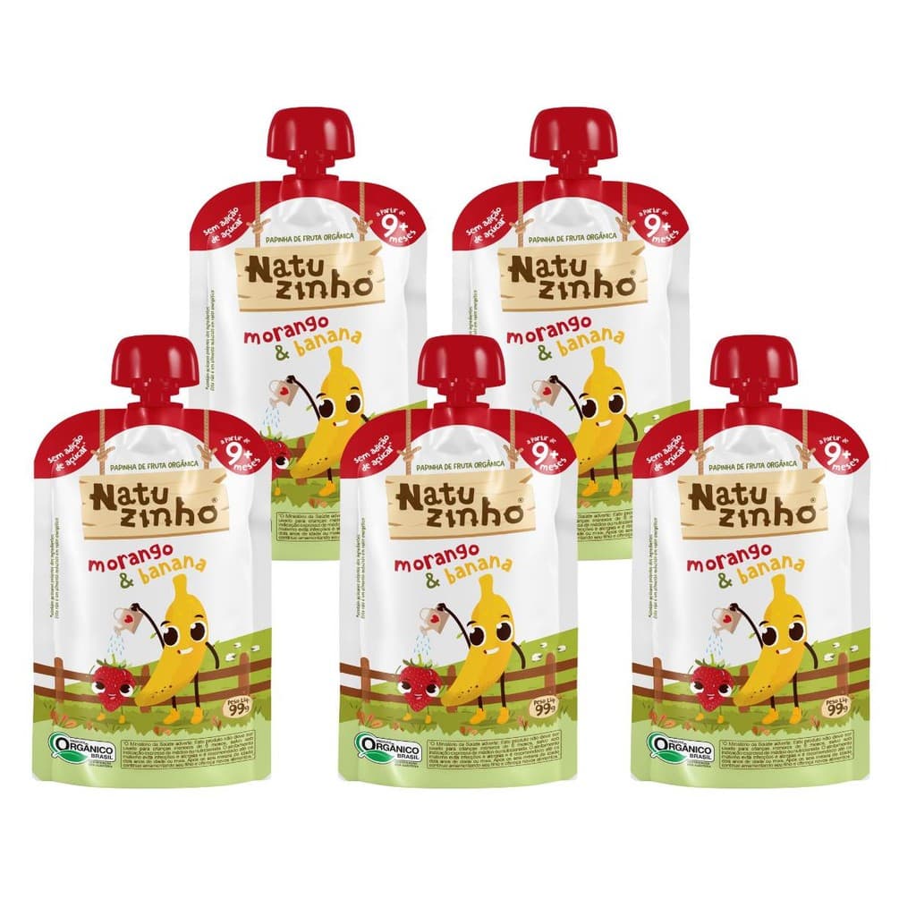 Kit Papinha Organica Natuzinho Morango Banana Bebe 5 unid