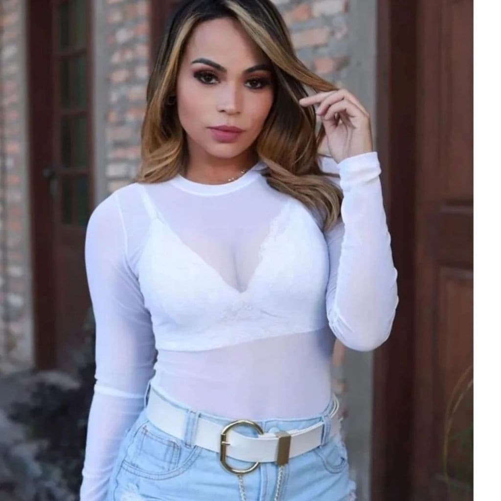 Body Tule Feminino Manga Longa Transparente Gola Alta Sexy Estilo Blogueira