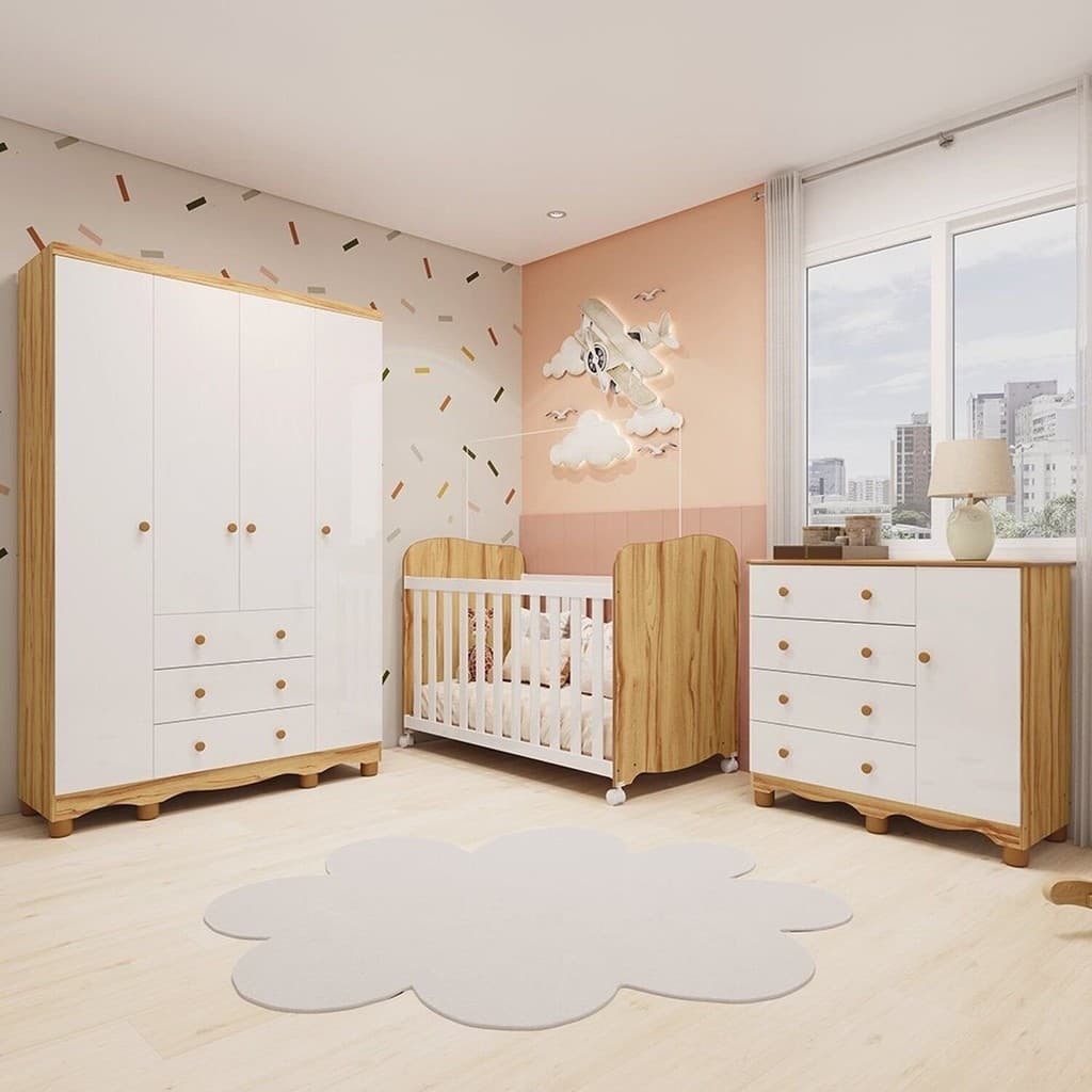 Quarto de Bebê Completo com Guarda-roupa 4 Portas Cômoda e Berço 100% Mdf Mimo Espresso Móveis Branco