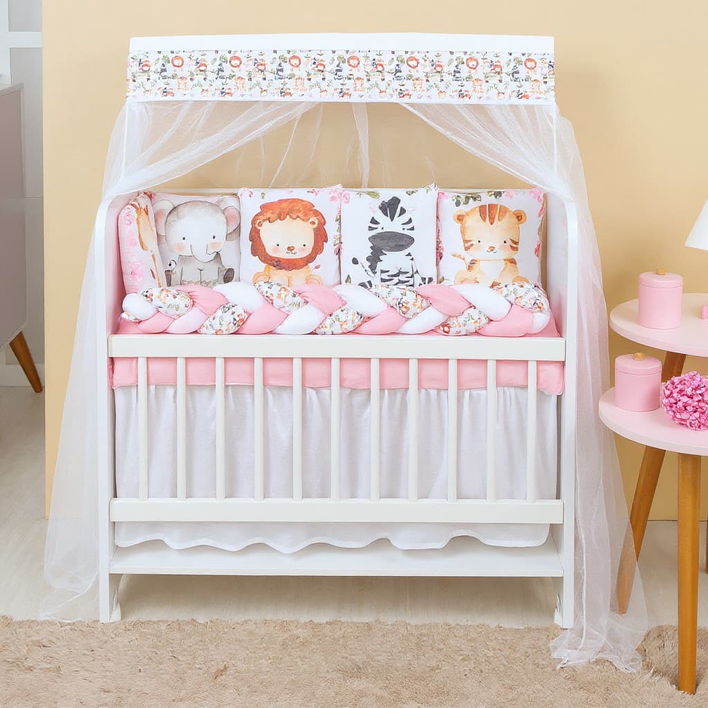 Kit Mini Berço com 12 peças + Saia de Berço Bebê Menina Safari Rosa