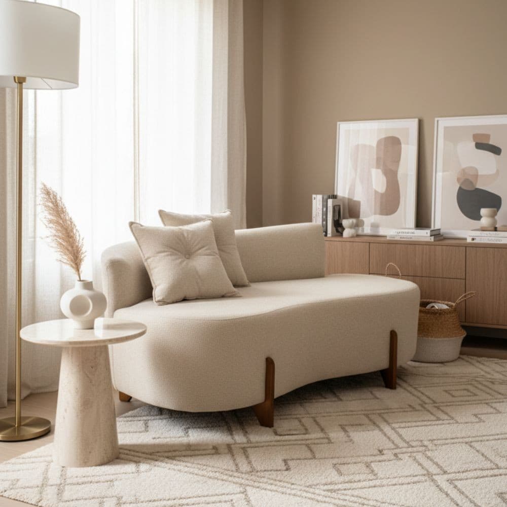 Sofá Orgânico 2 Lugares C/2 Almofadas Curvo Sala Recepção Luna Boucle Pés de Madeira - Montanaris Decor