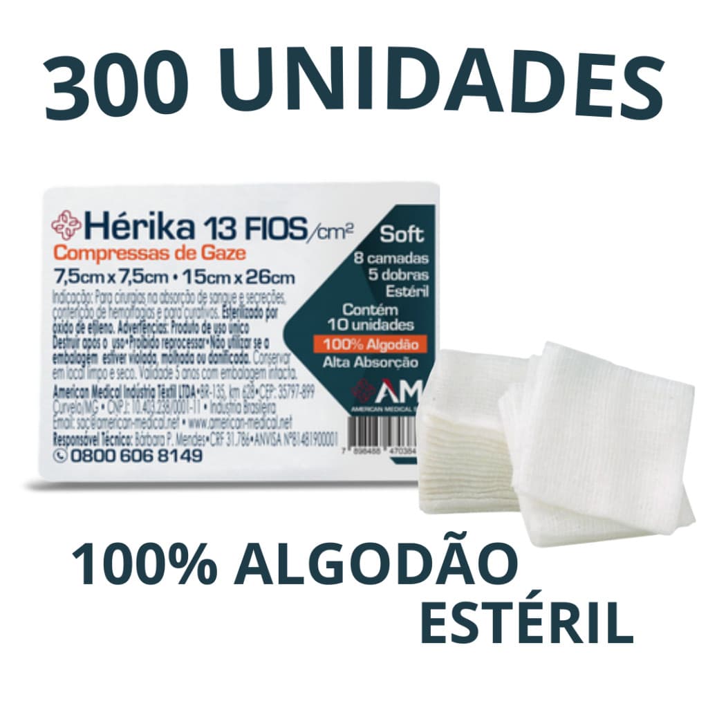 Compressa de Gaze Esteril Hérika ou Lívia Hidrófila 300 Unidades de Gaze Esteril 13 Fios -7,5x7,5cm - 15x26cm