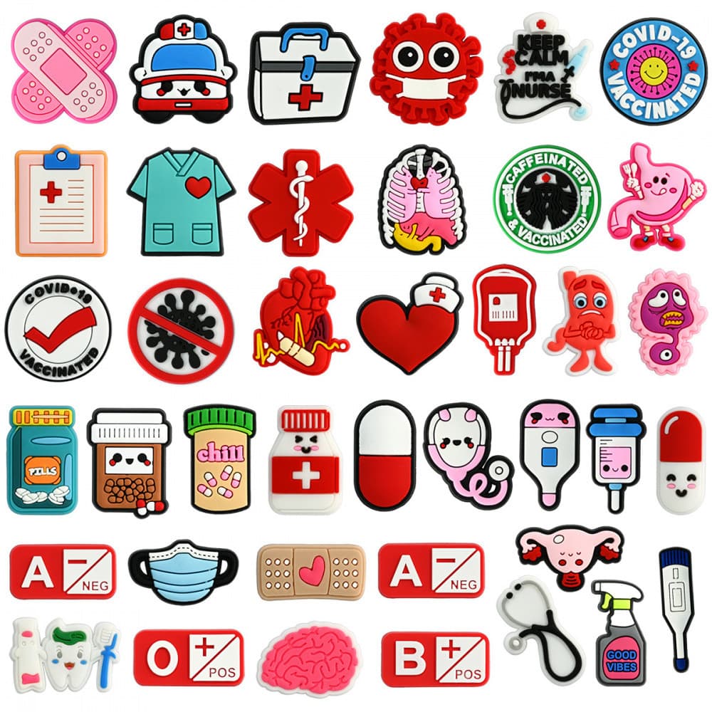 Charms de Sapatos 39 Estilos de Decorações da Série Médica Acessórios de PVC com Botão