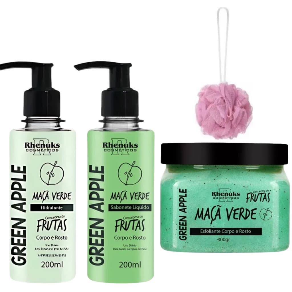 Kit Sabonete Líquido + Creme Hidratante + ESFOLIANTE Maçã Verde + Esponjas De Nylon Cordinha Para Pele Banho Banheiro