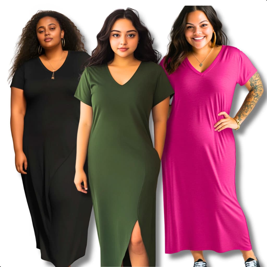 Kit Vestido Gestante Feminino Soltinho  Fenda Lateral Midi Plus Size  Longo Fenda Lateral Liso Gola V