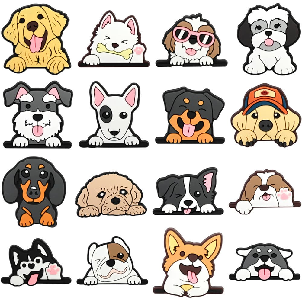 Encantos de Sapatos 16 Estilos de Decorações da Série de Cães Fofos Acessórios de PVC com Botão e Pingentes de Sandálias